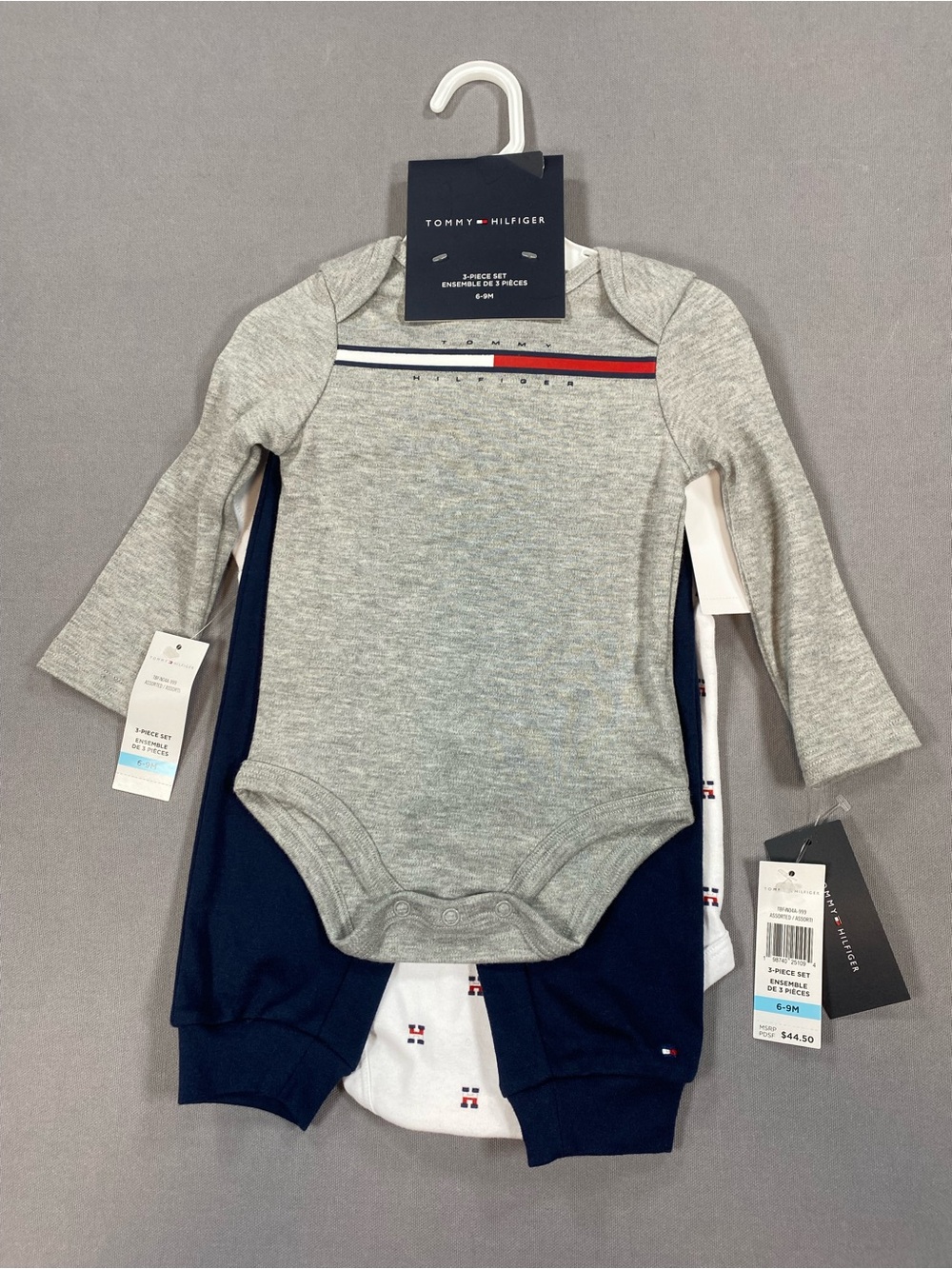 Tommy Hilfiger Gray & White Baby Bodysuits with Navy Pants. 3 pc Set